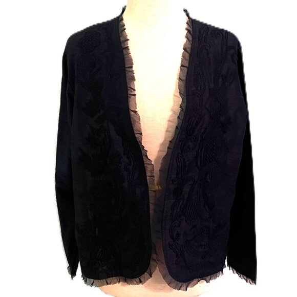 Chico's Women's Silk Open Front Blazer Jacket Size 2 12/14 Navy Embroidered - Picture 2 of 8